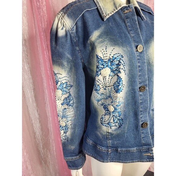 Vintage PJ Shernda Y2K Acid Wash Floral Beaded Pearl Jean Jacket Size Large - Picture 4 of 13